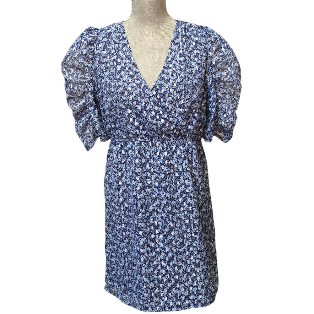 An'ge Women's Blue Silver Metallic Short Puff Sleeve Dress Size T2 NWT
